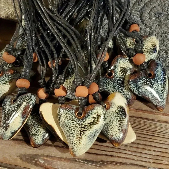 Hand Crafted Artsy Heart Glazed Blue Brown Cream Porcelain Pendant Necklace - Picture 7 of 7